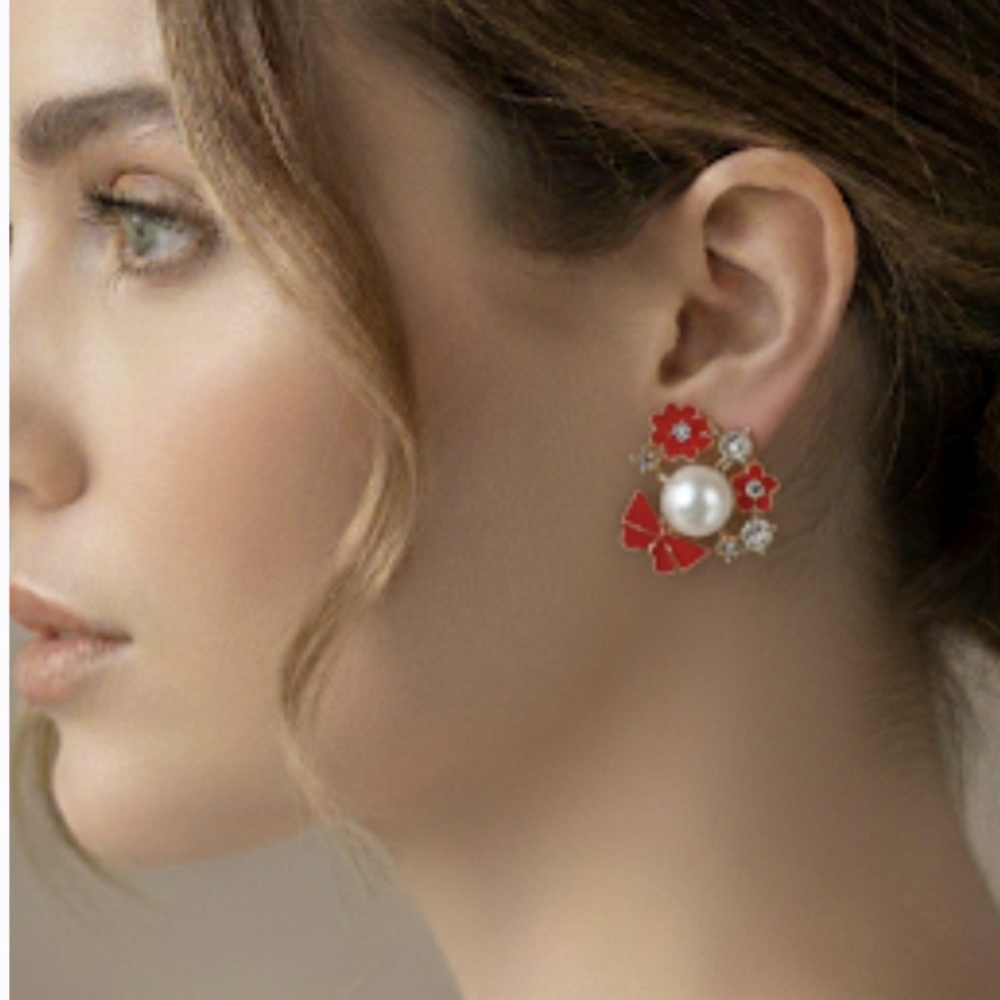 Red Flower and Pearl Earrings with Bow, Elegant Rhinestone Stud Earrings. 3.0 Cm